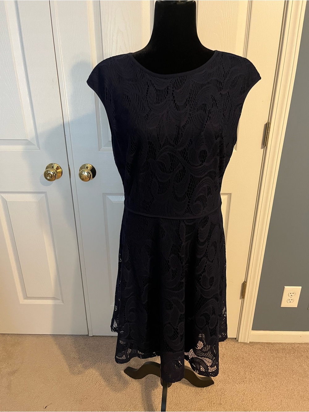 Women's Navy Lace Fit-and-Flare Dress Size 14 fully lined